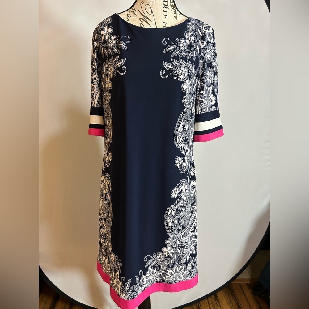 Elegant Navy and White Paisley Dress